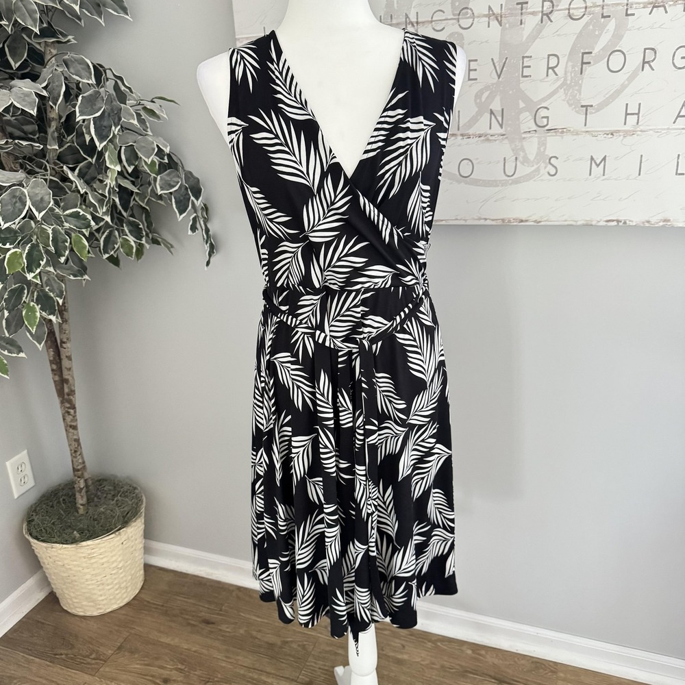 41Hawthorn Dress Womens Large Black Palm Leaf Wrap Fit Flare Belted Knee Length